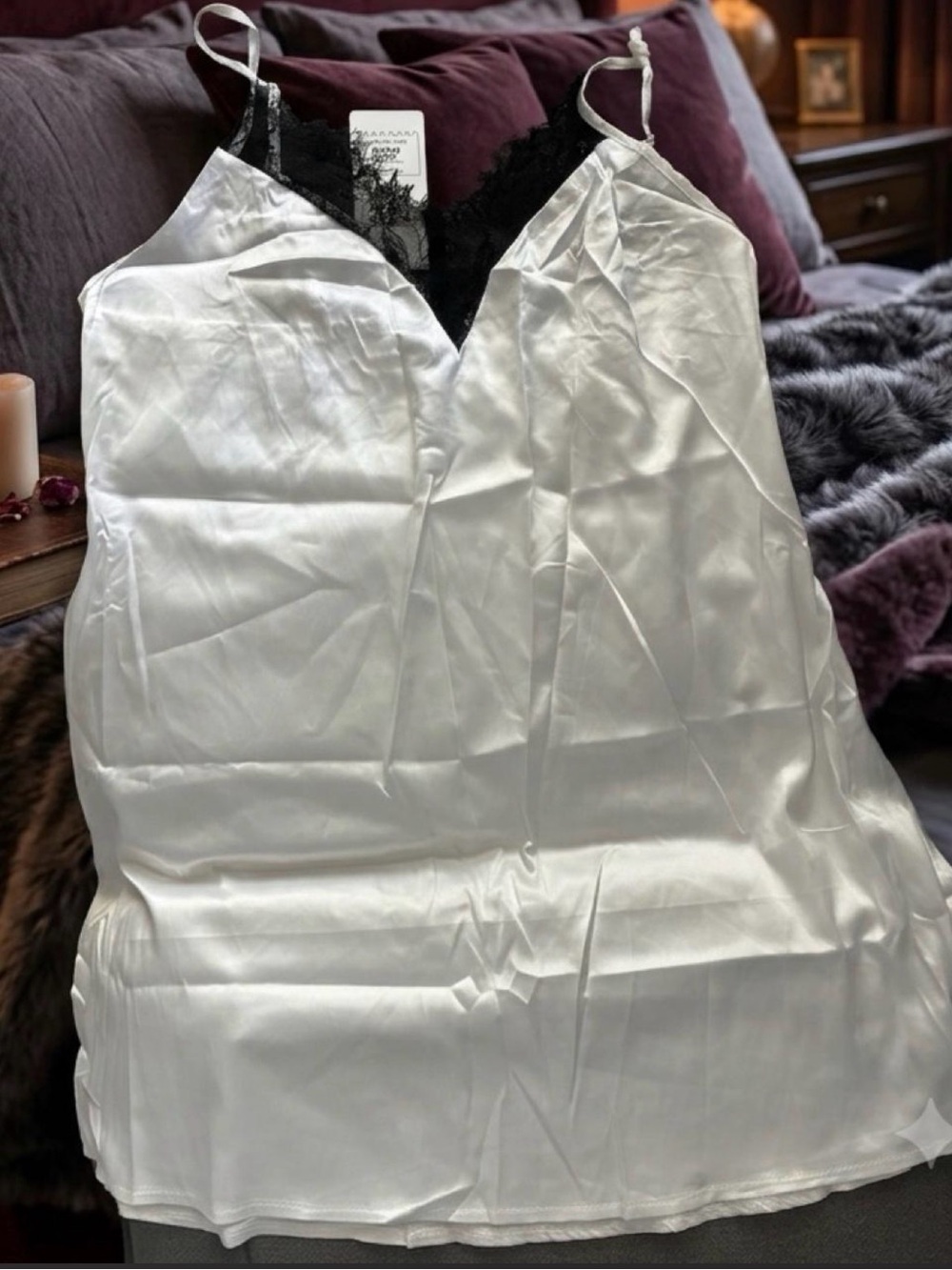 Silky White Chemise Slip with Black Lace Trim